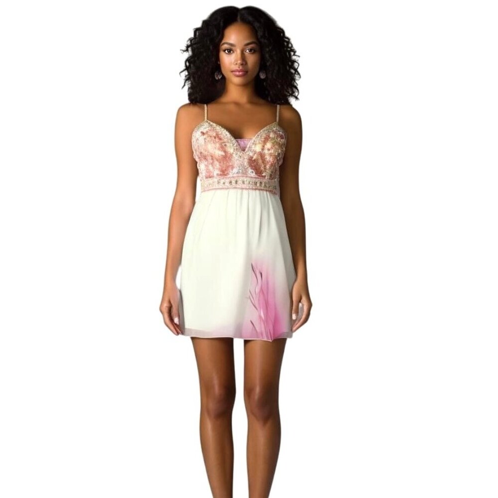 Beaded Custom Pageant Cocktail White Pink Chiffon Dress Beaded Bodice Size S